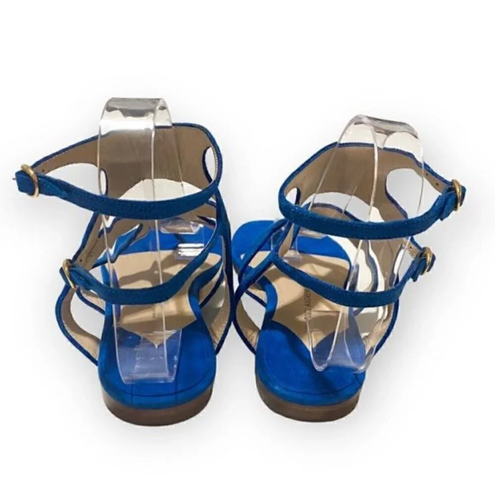 Paul Andrew double ankle strap flat thong sandals in blue embossed suede, New
